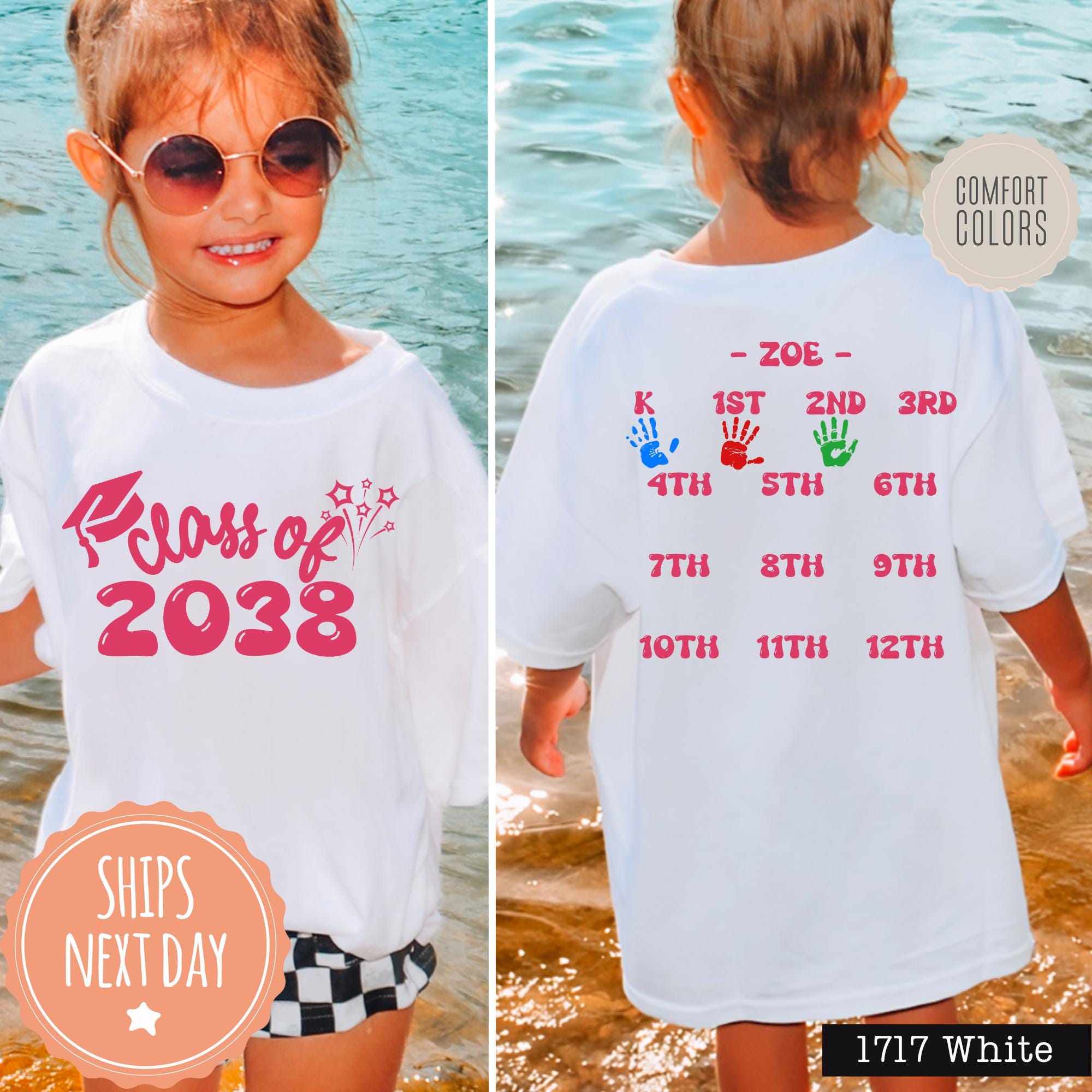 Custom Class Of 2038 Handprint Shirt - Grow With Me Tshirt - 1st Day of Kindergarten To High School Remembrance Tee - Cute Graduation Gifts