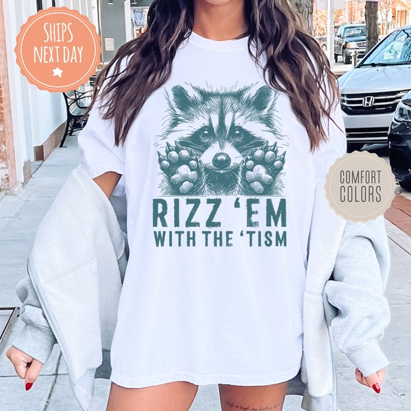 Rizz Em With The Tism Retro Shirt - Vintage Funny Raccoon Graphic Tshirt - Autism Awareness Gift - Raccoon Meme Tee - Comfort Colors Shirt