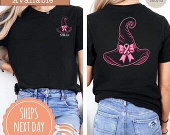 Comfort Colors® Custom Breast Cancer Awareness Witch Hat T-shirt: Pink Ribbon Halloween Shirt, October Awareness Bow Tee