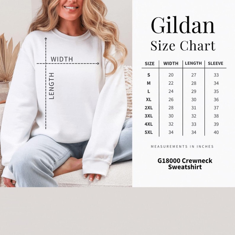 The image is a size chart for a Gildan crewneck sweatshirt, showing measurements for different sizes.