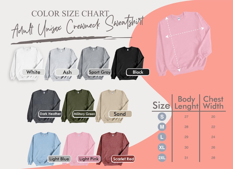 the color chart for a women's crew neck sweatshirt
