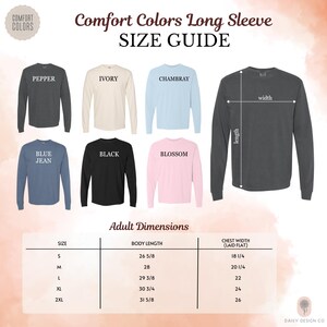 The image is a size guide for long sleeves, featuring different color options and corresponding measurements for adult dimensions.