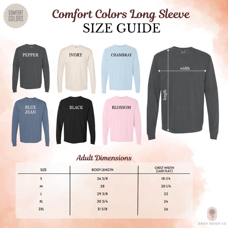 The image is a size guide for long sleeves, featuring different color options and corresponding measurements for adult dimensions.