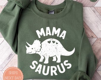 Mama Saurus Sweatshirt - Mom Dinosaur Hoodie - Triceratops Crewneck - Kids Birthday Dinosaur Outfit - Pregnancy Announcement Gift