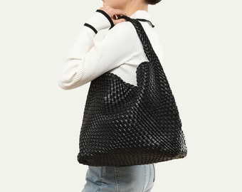 Sac en cuir tissé pour femme, sac fourre-tout en cuir fait main, sac à main en bandoulière en cuir, sac hobo en cuir, sac de week-end, cadeau pour fille/maman