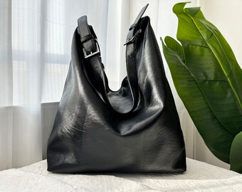 Soft Leather Tote Bag for Women, Vegan Leather Hobo Shoulder Bag, Leather Slouchy Handbag, Leather Work Shopper Bag, Birthday Gift for Girl