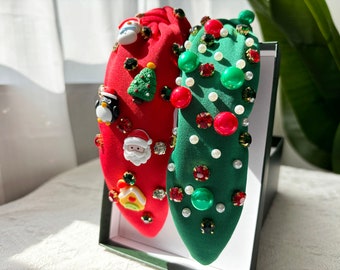 Bandeaux scintillants de bijoux de Noël, bandeaux noués rouge vert des Fêtes, bandeau rouge vert pour Noël, bandeau de Noël, accessoires pour cheveux