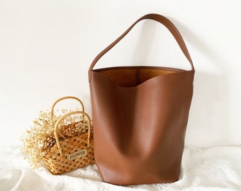 Sac seau en cuir souple pour femme, sac fourre-tout en cuir végétalien, grand sac à bandoulière en cuir, sac à provisions, sac de travail, cadeau d'anniversaire pour fille/maman