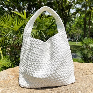 Handmade Woven Leather Tote Bags for Women,White Leather Hobo Bag, Hand Woven Leather Handbag, Shoulder Bag for Girl, Gift for Mother/Wife