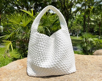 Handmade Woven Leather Tote Bags for Women,White Leather Hobo Bag, Hand Woven Leather Handbag, Shoulder Bag for Girl, Gift for Mother/Wife