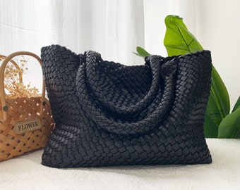 Sac fourre-tout en cuir tissé pour femme, sac à bandoulière en cuir, grand sac tissé à la main, sac à main en cuir, sac à provisions, cadeau d'anniversaire pour fille/mère