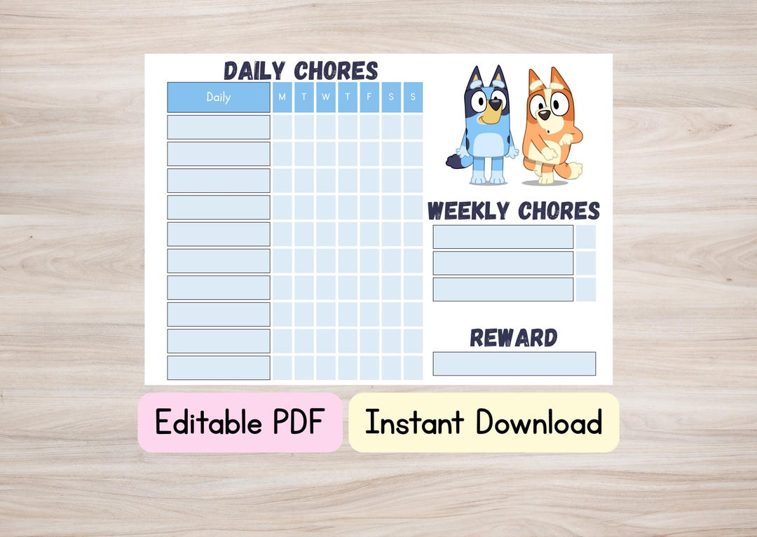 Daily Routine Bluey Editable Editable Chore Chart, Bluey Chart, Kids Responsibility Chart, Daily ...