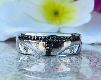 Der mandalorianische Boba Fett Herrenring mit schwarzem Diamant, Hochzeitsring mit schwarzem Moissanite Star Wars Fame Symbol Design Ring, Argentium Silber Party Ring