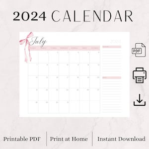 Charming Pink Bow 2024 Digital Calendar | Instant Download, Printable Monthly Calendar, Monthly Planner