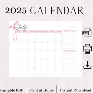Charming Pink Bow 2025 Digital Calendar | Instant Download, Printable Monthly Calendar, Monthly Planner