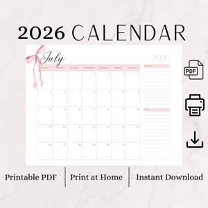 Può includere: Un calendario stampabile del 2026 con il mese di luglio, con un fiocco rosa. Il calendario include un elenco di cose da fare e una sezione note. Il testo sull'immagine include "PDF stampabile", "Stampa a casa" e "Download istantaneo".