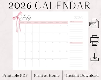 Pink Bow 2026 Calendar: Printable Monthly Planner (Digital Download)