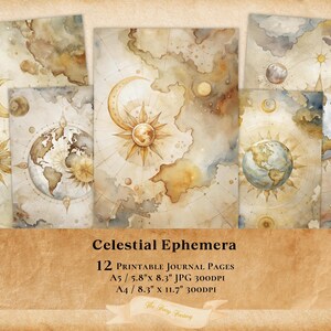 Celestial Sun Moon and Planet Earth 12 Pages, Printable Paper, Junk Journal, Ephemera, Scrapbooking, Collage Sheet jpg Clipart jpeg