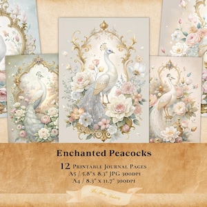 Romantique shabby Chic paon blanc 12 pages, papier imprimable, journal indésirable, numérique éphémère, scrapbooking, feuille de collage clipart jpg