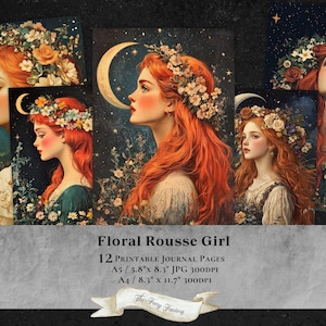 Vintage Floral Red Hair Girl 12 Journal Pages, Printable Paper, Junk Journal, Ephemera, Scrapbooking, Collage Sheet, jpg clipart jpeg