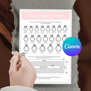 May include: A ring chart and sizer guide with a pink header. The chart displays ring sizes with corresponding millimeter measurements. A hand wearing a ring is shown next to the chart. The Canva logo is visible.