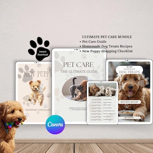 Op de afbeelding: Digitale download van een Ultimate Pet Care Bundle, inclusief een Pet Care Guide, Homemade Dog Treats Recipes en een New Puppy Shopping Checklist. De afbeelding toont drie tablets met honden gerelateerde inhoud en een hond op de voorgrond.