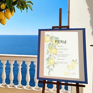Modèle de menu de mariage – Menu italien imprimable sur le thème du citron pour dîner d'été, mariages, fêtes et événements