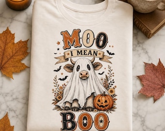 Moo I Mean Boo PNG, Fall PNG Design, Halloween Highland Cow Design