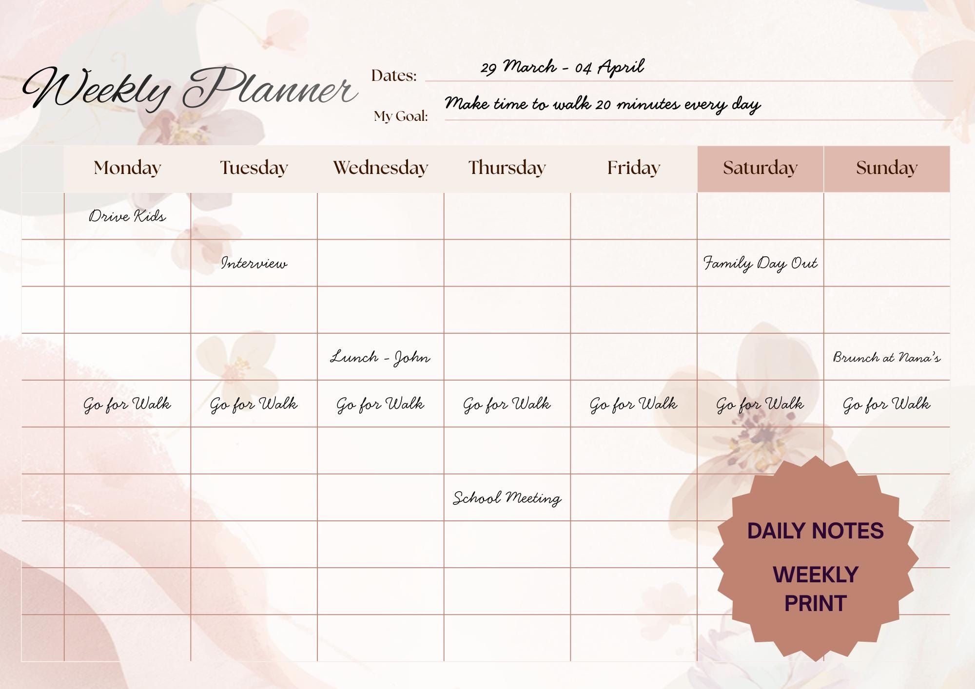 Weekly Planner Printable Landscape, Pastel Floral Feminine Schedule ...