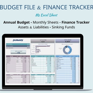 Annual & Monthly Budget Spreadsheet, Ms Excel Spreadsheet Budget Tracker, Personal Finance Tracker, Budget Planner (Blue)
