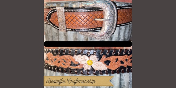 Size Small Checkered Brown Hand-Tooled Leather Belt with A Braided Edge Men's Belt, Woman's Belt New with Tags