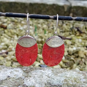 Coral and Silver Dangle Earrings, Oval Silver Dangle Earrings, Gemstone Earrings