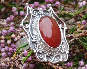Vintage Carnelian Silver Ring, Large Adjustable Statement Gemstone Ring