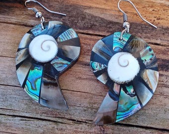Large Abalone Earrings,  Vintage Shell Shaped Natural Gemstone Statement Earrings
