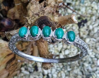 Vintage Malachite and Silver Bracelet, Gemstone Bracelet