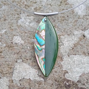 Green Jade, Abalone and Silver Choker Necklace, Vintage Natural Gemstone Pendant with Necklace