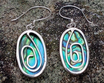 Oval Abalone and Silver Earrings, Paua Earrings, Drop and Dangle Shell Earrings