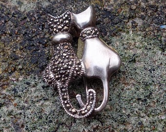 Two Cats Silver Marcasite, Vintage Silver Brooch