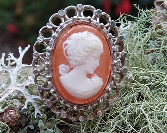 Vintage Shell Cameo Ring: Sterling Silver Statement Jewelry