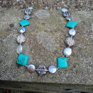 Turquoise and Coin Pearls Necklace, Natural Gemstone Necklace, Statement Necklace