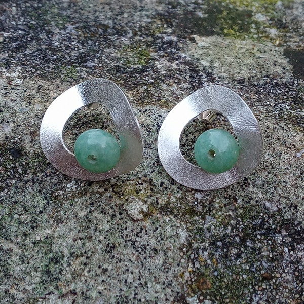 Minimalist Silver Stud Earrings, Aventurine Brushed Silver Earrings, Aventurine Earrings