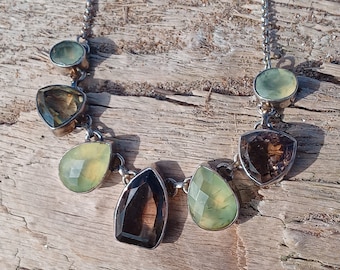Vintage Sterling Silver Gemstone Necklace: Smoky Quartz, Citrine & Prehnite