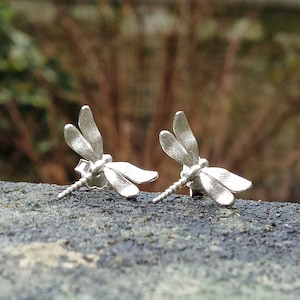Brushed Sterling Silver Dragonfly Stud Earrings: Minimalist Nature Jewelry