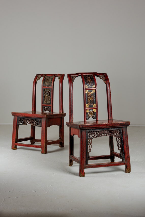 Pair of 19th Century Chinese Red lacquer and Gilt Wedding chairs. Hallway Chairs