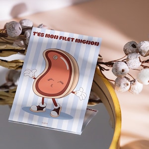 Carte de voeux illustrée A6, pastille à gratter pour message surprise et enveloppe kraft -  T'es mon filet mignon