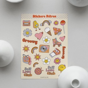 Planche de Stickers Rétros - Feuille d’Autocollants pour Planner, Ordinateur, Journal, Scrapbooking, Agenda...