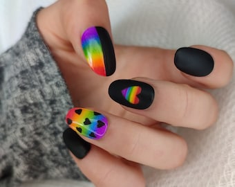 Ongles "Press On" faits main, réutilisables et personnalisables. Modèle Pride Rainbow flag