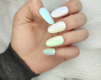 Handmade, reusable and customizable “press on” nails, pastel gradient.