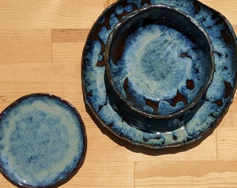3 Piece Dinnerware Set - Handbuilt | Wabi Sabi | Stoneware | Bowl, Large Plate & Small Plate | Rustic Unique | Tableware | Handmade