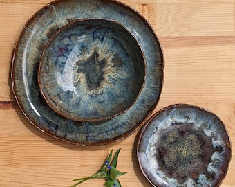 5 Piece Dinnerware Set - Handbuilt | Wabi Sabi | Stoneware | Bowl, Large Plate & Small Plate | Rustic Unique | 2 Person | Handmade